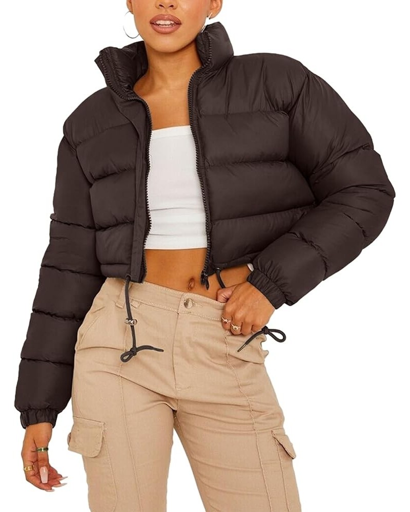 Women's Cropped Puffer Jacket Full Zip Stand Collar Quilted Jacket Winter Coats with Pockets Brown $16.44 Jackets