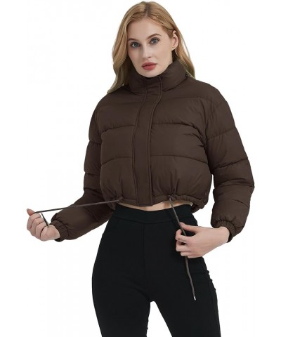 Women's Cropped Puffer Jacket Full Zip Stand Collar Quilted Jacket Winter Coats with Pockets Brown $16.44 Jackets
