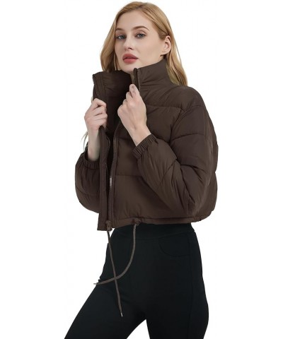 Women's Cropped Puffer Jacket Full Zip Stand Collar Quilted Jacket Winter Coats with Pockets Brown $16.44 Jackets