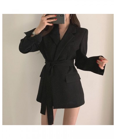 Women's Elegant Lapel Belted Long Blazer 2023 Fall Long Sleeve Self Tie Waist Blazer Dressy Mini Dress for Work Black $10.66 ...