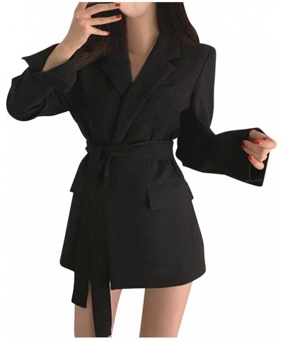 Women's Elegant Lapel Belted Long Blazer 2023 Fall Long Sleeve Self Tie Waist Blazer Dressy Mini Dress for Work Black $10.66 ...
