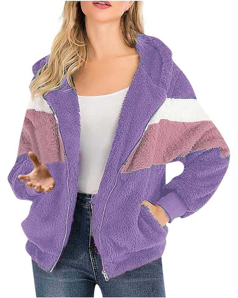 Women's Casual Fashion Loose Solid Color Hat Plus Fleece Collar Pocket Jacket 6-purple $11.57 Jackets