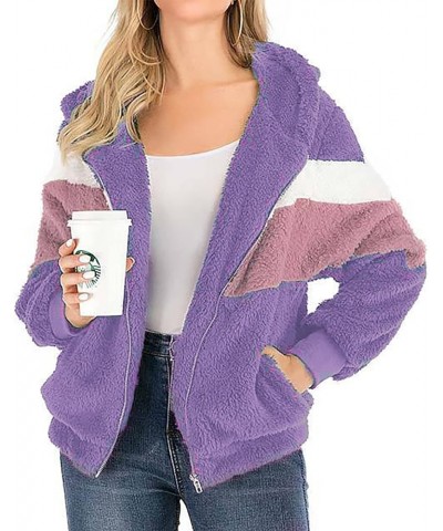 Women's Casual Fashion Loose Solid Color Hat Plus Fleece Collar Pocket Jacket 6-purple $11.57 Jackets