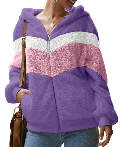 Women's Casual Fashion Loose Solid Color Hat Plus Fleece Collar Pocket Jacket 6-purple $11.57 Jackets