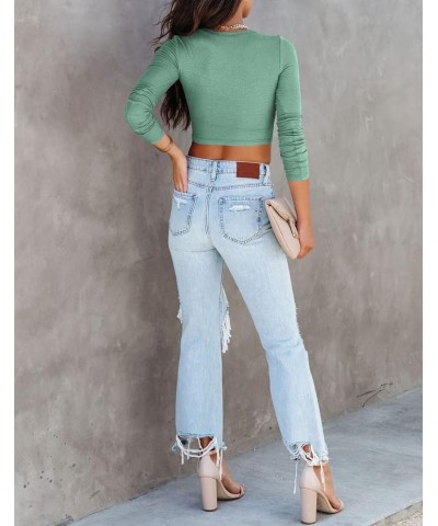 Women's Long Sleeve Round Neck Ribbed Fitted Crop Top Tee Shirt Green $11.79 T-Shirts