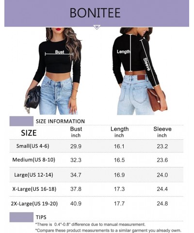 Women's Long Sleeve Round Neck Ribbed Fitted Crop Top Tee Shirt Green $11.79 T-Shirts