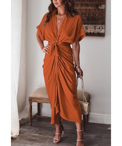 Sexy Shirt Dresses for Women Button Down Short Sleeve Maxi Satin Dress with Belt Orange $18.92 Dresses