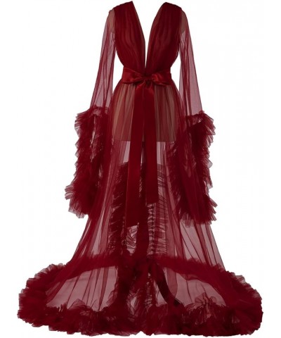 Women's Long Bridal Robes Tulle Lingerie Maternity Bathrobe Photoshoot Illusion Wedding Scarf Party Nightgown A-burgundy $37....