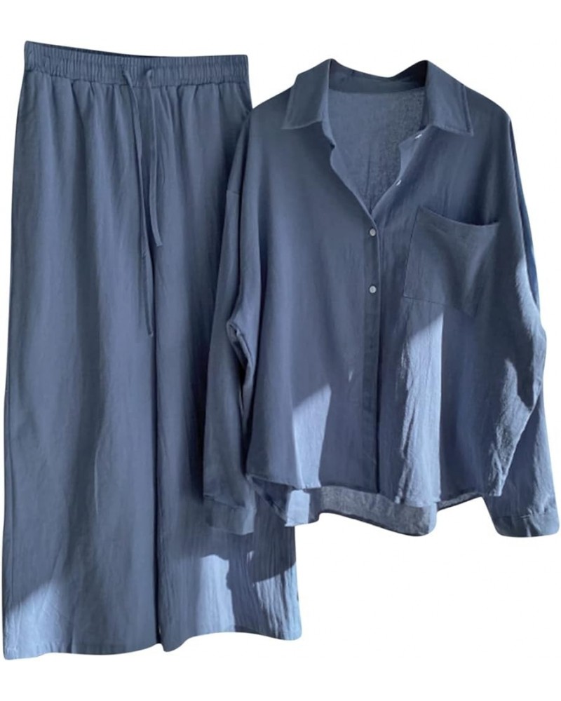 Womens 2 Piece Cotton Linen Beach Outfits Plus Size Button Down Blouses and Long Pants Suits Dressy Business Work Set Hot Sal...