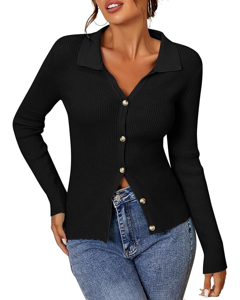 Women Long Sleeve Polo Sweater V Neck Button Down Ribbed Knit Cardigan Top Black $16.32 Sweaters