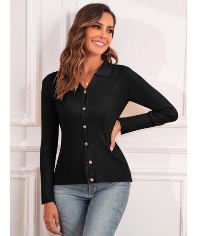 Women Long Sleeve Polo Sweater V Neck Button Down Ribbed Knit Cardigan Top Black $16.32 Sweaters