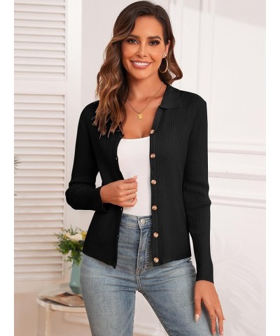 Women Long Sleeve Polo Sweater V Neck Button Down Ribbed Knit Cardigan Top Black $16.32 Sweaters