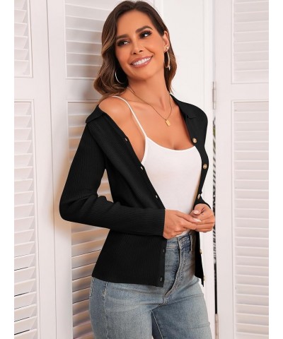 Women Long Sleeve Polo Sweater V Neck Button Down Ribbed Knit Cardigan Top Black $16.32 Sweaters