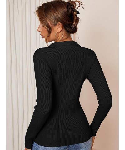 Women Long Sleeve Polo Sweater V Neck Button Down Ribbed Knit Cardigan Top Black $16.32 Sweaters
