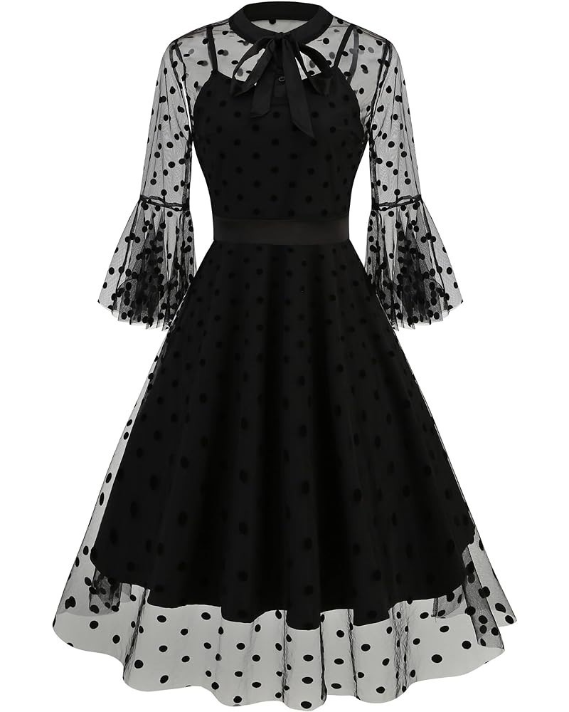 Women's Bell Sleeves Bowtie Full Mesh Two Piece Vintage Cocktail Dress Dots Black $16.79 Dresses