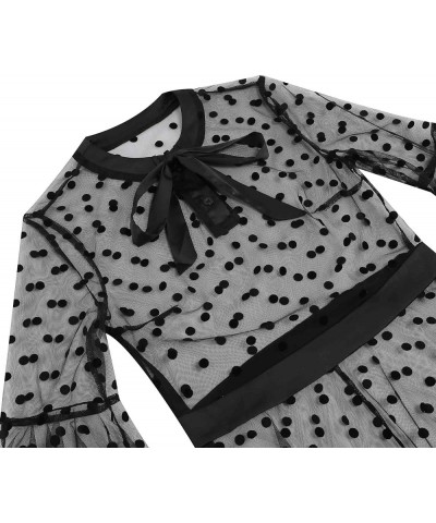 Women's Bell Sleeves Bowtie Full Mesh Two Piece Vintage Cocktail Dress Dots Black $16.79 Dresses