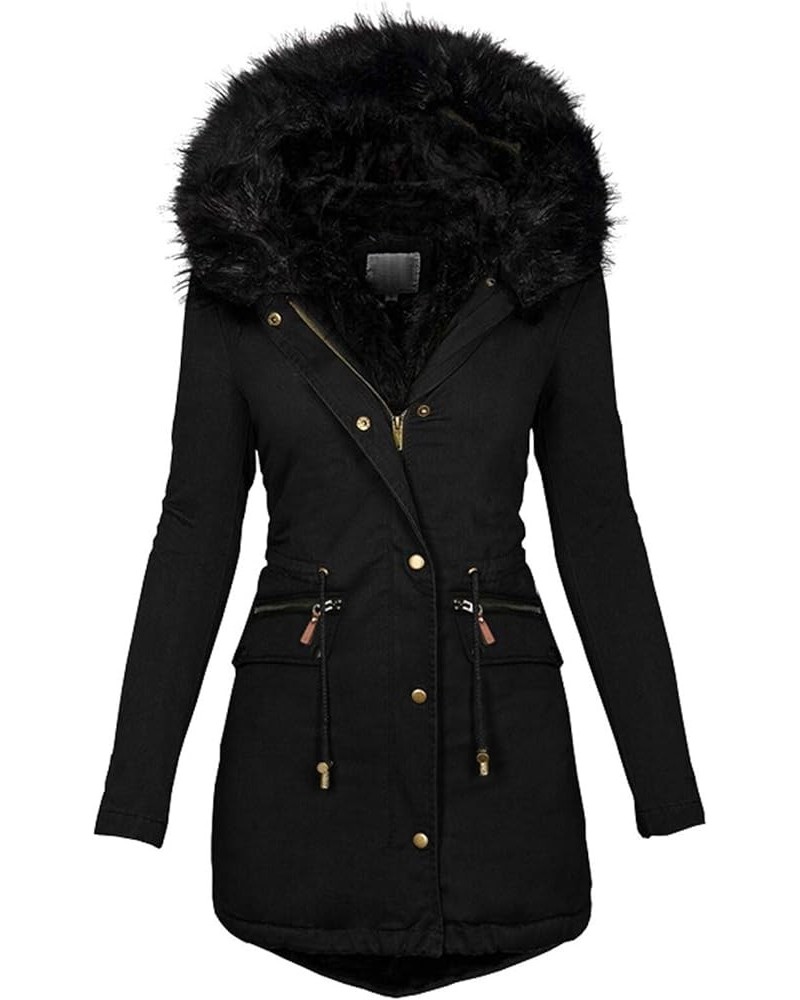 Women's Winter Fleece Fur Wool Jackets Slim Fit Button Down Trench Coats Hooded with Pockets 891 Zl D-black $18.04 Coats