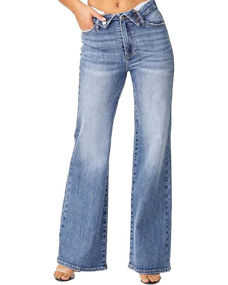Risen Jeans - Mid Rise Flap Slim Wide Leg Pants - RDP5314 Mediumblue $43.17 Jeans