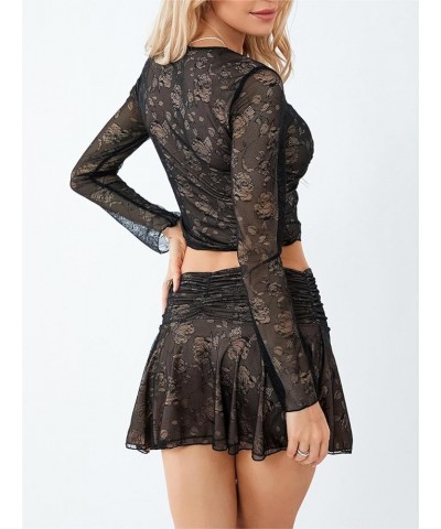 Women Mesh Ruffle 2Pcs Skirt Sets Y2k Sexy V Neck Long Sleeve Crop Top + Irregular Bodycon Ruched Skirt Summer Outfit D15-bla...