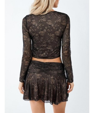 Women Mesh Ruffle 2Pcs Skirt Sets Y2k Sexy V Neck Long Sleeve Crop Top + Irregular Bodycon Ruched Skirt Summer Outfit D15-bla...