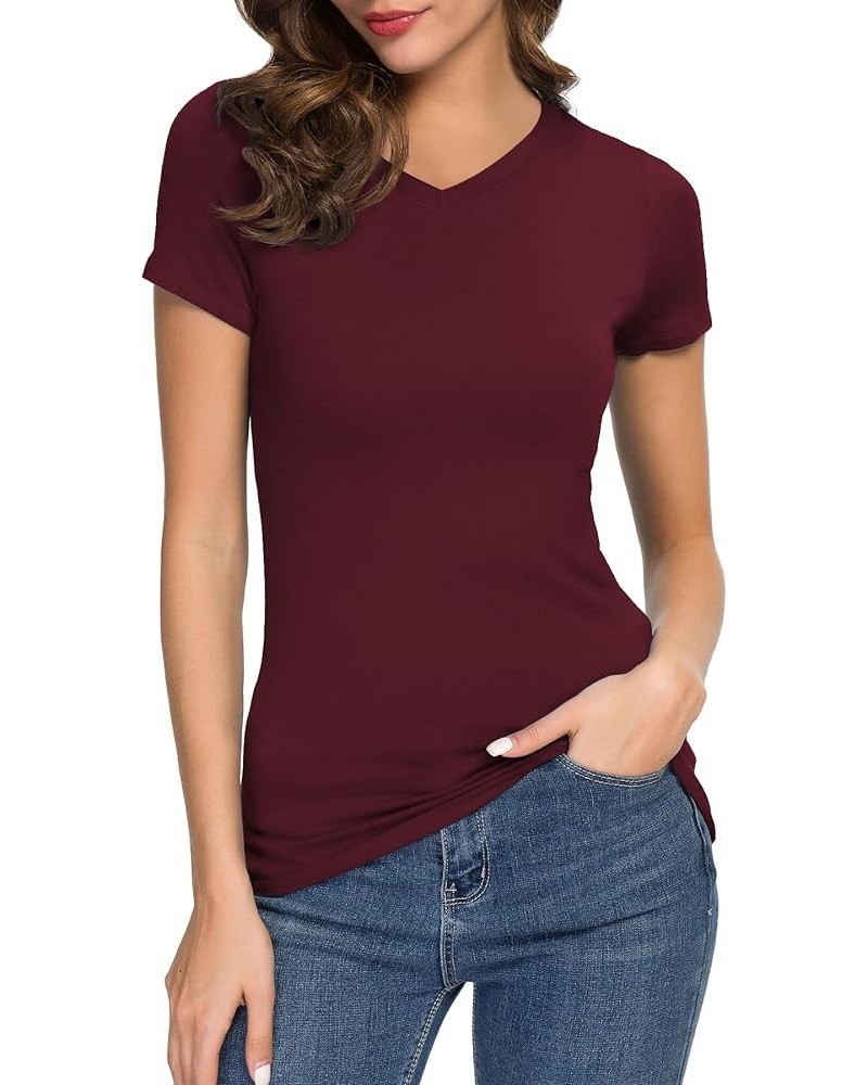 Women's Basic Slim Fitted Tee Tops Short Sleeve Stretchy Bodycon V-Neck Tight T-Shirt Wine Red $10.57 T-Shirts