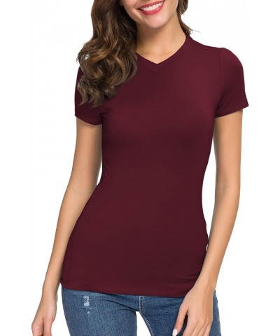 Women's Basic Slim Fitted Tee Tops Short Sleeve Stretchy Bodycon V-Neck Tight T-Shirt Wine Red $10.57 T-Shirts