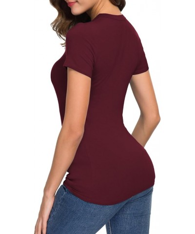 Women's Basic Slim Fitted Tee Tops Short Sleeve Stretchy Bodycon V-Neck Tight T-Shirt Wine Red $10.57 T-Shirts