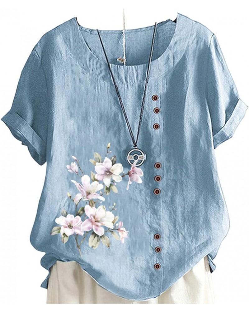 Women's Floral Printed Cotton Linen Short Sleeve Top Summer Vintage Casual Plus Size Tunic Comfy Loose Fit Tshirts Blue $16.4...