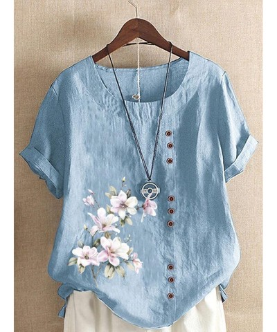 Women's Floral Printed Cotton Linen Short Sleeve Top Summer Vintage Casual Plus Size Tunic Comfy Loose Fit Tshirts Blue $16.4...