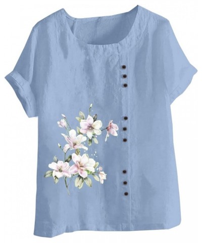 Women's Floral Printed Cotton Linen Short Sleeve Top Summer Vintage Casual Plus Size Tunic Comfy Loose Fit Tshirts Blue $16.4...