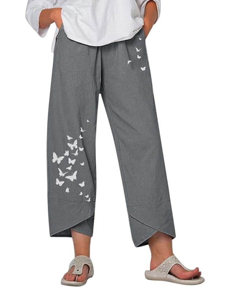 Cotton Linen Casual Summer Capri Pants Printed Cropped Comfy Baggy Trousers with Pockets Palazzo Lounge Pants A31 Grey $13.33...