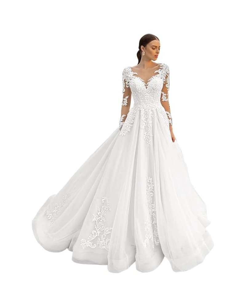 V Neck Wedding Dresses for Bride Long Sleeves Bridesmaid Dress for Women Lace Applique Long Tulle Ivory $50.34 Dresses