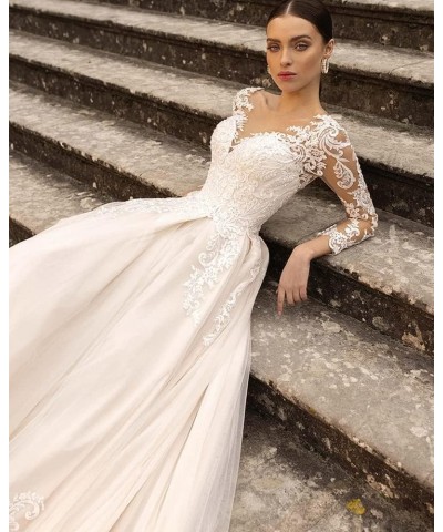 V Neck Wedding Dresses for Bride Long Sleeves Bridesmaid Dress for Women Lace Applique Long Tulle Ivory $50.34 Dresses