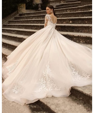 V Neck Wedding Dresses for Bride Long Sleeves Bridesmaid Dress for Women Lace Applique Long Tulle Ivory $50.34 Dresses