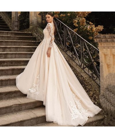 V Neck Wedding Dresses for Bride Long Sleeves Bridesmaid Dress for Women Lace Applique Long Tulle Ivory $50.34 Dresses