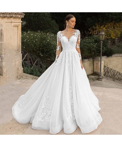 V Neck Wedding Dresses for Bride Long Sleeves Bridesmaid Dress for Women Lace Applique Long Tulle Ivory $50.34 Dresses