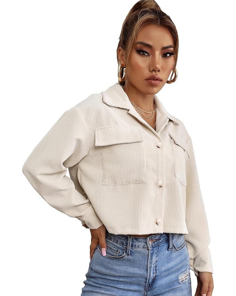 Women's Button Down Long Sleeve Collared Neck Flap Pocket Corduroy Crop Jackets Beige $13.02 Jackets