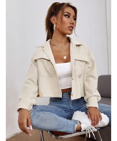 Women's Button Down Long Sleeve Collared Neck Flap Pocket Corduroy Crop Jackets Beige $13.02 Jackets
