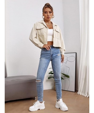 Women's Button Down Long Sleeve Collared Neck Flap Pocket Corduroy Crop Jackets Beige $13.02 Jackets