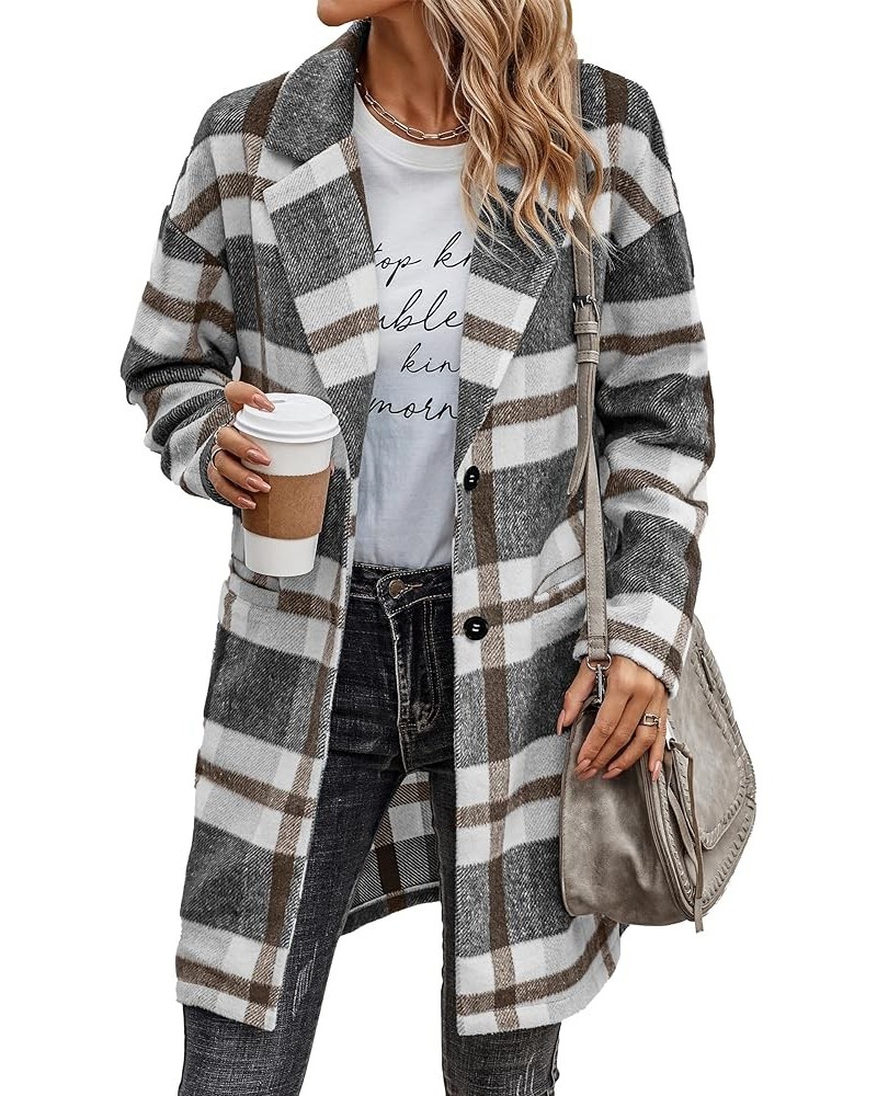 Women's 2024 Plaid Shacket Jacket Casual Button Wool Blend Winter Tartan Trench Coat With Pockets Grey White $25.52 Coats