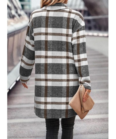 Women's 2024 Plaid Shacket Jacket Casual Button Wool Blend Winter Tartan Trench Coat With Pockets Grey White $25.52 Coats