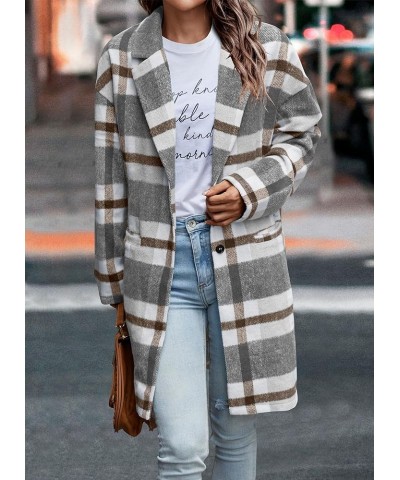 Women's 2024 Plaid Shacket Jacket Casual Button Wool Blend Winter Tartan Trench Coat With Pockets Grey White $25.52 Coats
