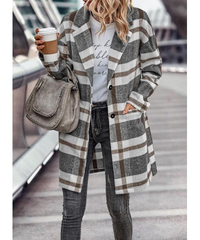 Women's 2024 Plaid Shacket Jacket Casual Button Wool Blend Winter Tartan Trench Coat With Pockets Grey White $25.52 Coats