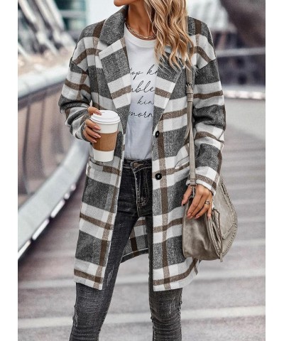 Women's 2024 Plaid Shacket Jacket Casual Button Wool Blend Winter Tartan Trench Coat With Pockets Grey White $25.52 Coats