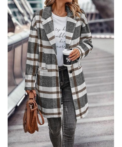 Women's 2024 Plaid Shacket Jacket Casual Button Wool Blend Winter Tartan Trench Coat With Pockets Grey White $25.52 Coats