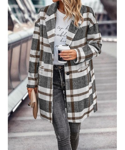 Women's 2024 Plaid Shacket Jacket Casual Button Wool Blend Winter Tartan Trench Coat With Pockets Grey White $25.52 Coats