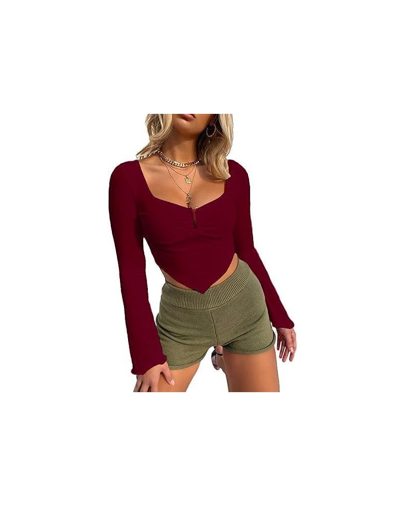 Women's Long Sleeve Knit Ribbed Crop Top Ruched Front Square Neck Asymmetrical Hem Tees Shirt Burgundy X01 $16.80 T-Shirts