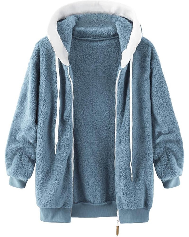 Women Coat Winter Loose Solid Color Artificial Wool Zipper Drawstring Long-Sleeved Hoodie Womens Fleece Jacket 4x 01-blue $13...