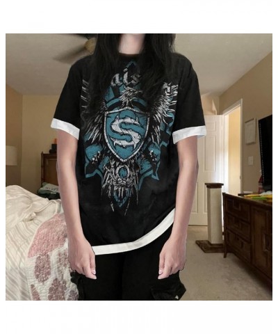 Women Y2k Grunge T-Shirt Gothic Print Crew Neck Graphic Short Sleeve Tee Tops Vintage Harakuju Graphic Top Streetwear Blue $8...