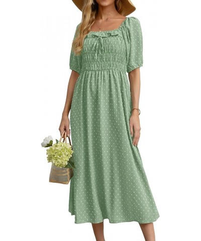 Women's Summer Boho Midi Dress Puff Sleeve Square Neck Swiss Dot Flowy Off Shoulder Dress Light Green $14.57 Dresses